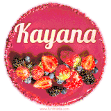 Beautifully decorated red velvet berry birthday cake with vibrant fruits and a glowing 'Kayana' name, adding a touch of sweetness and sparkle.