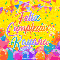 A bright and festive GIF with the text 'Feliz Cumpleaños Kayana' in Spanish in colorful fonts, surrounded by confetti, balloons, and festive banners on a vibrant yellow background.