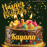 A delightful chocolate birthday cake with bright candles and 'Happy Birthday Kayana' written in gold amidst a shower of animated stars.