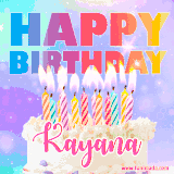 A vibrant animated name GIF with the words 'Happy Birthday Kayana' with colorful candles on a creamy cake. The background sparkles with pastel shades, adding a festive touch.