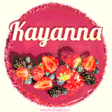 Beautifully decorated red velvet berry birthday cake with vibrant fruits and a glowing 'Kayanna' name, adding a touch of sweetness and sparkle.