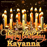 A glowing personalized birthday GIF with name Kayanna featuring lit candles with intricate designs, warm lighting, and the text 'Happy Birthday' in an elegant font.