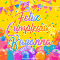 A bright and festive GIF with the text 'Feliz Cumpleaños Kayanna' in Spanish in colorful fonts, surrounded by confetti, balloons, and festive banners on a vibrant yellow background.