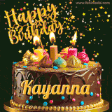 A delightful chocolate birthday cake with bright candles and 'Happy Birthday Kayanna' written in gold amidst a shower of animated stars.