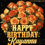 Animated bouquet of orange roses with moving butterfles and golden 'Happy Birthday Kayanna' text, surrounded by sparkling accents and a dark backdrop for a luxurious feel.