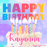 A vibrant animated name GIF with the words 'Happy Birthday Kayanna' with colorful candles on a creamy cake. The background sparkles with pastel shades, adding a festive touch.
