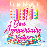 A white birthday cake covered in colorful sprinkles, topped with bright candles, and French text 'Bon Anniversaire Kayce' on a pastel gradient background in an animated GIF.