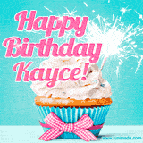 A festive cupcake with pink icing, a gingham bow, and a lit animated sparkler, paired with 'Happy Birthday Kayce!' in bright pink text.