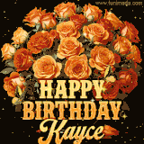 Animated bouquet of orange roses with moving butterfles and golden 'Happy Birthday Kayce' text, surrounded by sparkling accents and a dark backdrop for a luxurious feel.