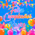 A vibrant animated GIF with 'Feliz Cumpleaños Kayce' written in colorful script, surrounded by balloons, confetti, and bunting on a bright blue background.