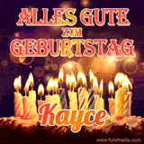An animated GIF featuring 'Alles Gute Zum Geburtstag Kayce' in glowing red and gold letters above a cake with colorful lit candles, set against a festive sparkling background.