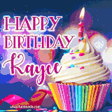 A festive animated GIF featuring a colorful cupcake with a single lit candle, sprinkles, and 'Happy Birthday Kayce' text against a sparkling, celebratory background.