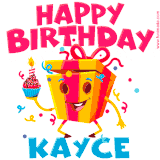 A funny animated birthday GIF with the words 'Happy Birthday Kaycea', colorful gift box with arms and legs, holding a cupcake with a lit candle  with confetti everywhere.