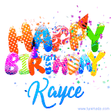 Animated GIF with colorful, festive 'Happy Birthday Kayce' text decorated with patterns, a party hat, and falling confetti. A vibrant and cheerful design for birthday celebrations.