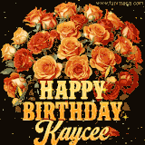 Animated bouquet of orange roses with moving butterfles and golden 'Happy Birthday Kaycee' text, surrounded by sparkling accents and a dark backdrop for a luxurious feel.
