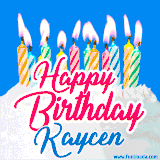 A cheerful animated GIF featuring colorful lit birthday candles on a white cake, with the text 'Happy Birthday Kaycen' in bold red and blue script on a bright blue background.