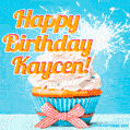 A cheerful animated GIF of a cupcake with creamy frosting, a red checkered ribbon, and a bright sparkler on top. The text 'Happy Birthday Kaycen!' is displayed in vibrant orange and red.