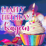 A festive animated GIF featuring a colorful cupcake with a single lit candle, sprinkles, and 'Happy Birthday Kaycen' text against a sparkling, celebratory background.