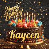 Gold lettering spelling the name Kaycen on a festive chocolate cake with colorful sprinkles around the base.