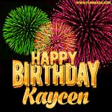 A captivating GIF with bursts of green, pink, and orange fireworks lighting up the night sky, accompanied by 'Happy Birthday Kaycen' in glowing golden text.