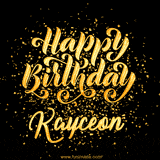 Animated GIF with colorful, festive 'Happy Birthday Kayceon' text decorated with patterns, a party hat, and falling confetti. A vibrant and cheerful design for birthday celebrations.