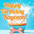 A cheerful animated GIF of a cupcake with creamy frosting, a red checkered ribbon, and a bright sparkler on top. The text 'Happy Birthday Kayceon!' is displayed in vibrant orange and red.
