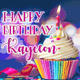 A festive animated GIF featuring a colorful cupcake with a single lit candle, sprinkles, and 'Happy Birthday Kayceon' text against a sparkling, celebratory background.