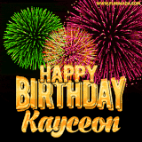 A captivating GIF with bursts of green, pink, and orange fireworks lighting up the night sky, accompanied by 'Happy Birthday Kayceon' in glowing golden text.