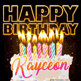 A vibrant animated GIF featuring a delicious birthday cake topped with glowing candles and the name 'Kayceon' in elegant script, and the words 'Happy Birthday' on the black background.