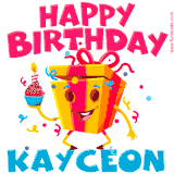 A funny animated birthday GIF with the words 'Happy Birthday Kayceona', colorful gift box with arms and legs, holding a cupcake with a lit candle  with confetti everywhere.