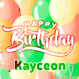 Animated GIF featuring colorful balloons in the background with the cheerful text 'Happy Birthday Kayceon'.
