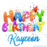 Animated GIF with colorful, festive 'Happy Birthday Kayceon' text decorated with patterns, a party hat, and falling confetti. A vibrant and cheerful design for birthday celebrations.