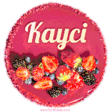 Beautifully decorated red velvet berry birthday cake with vibrant fruits and a glowing 'Kayci' name, adding a touch of sweetness and sparkle.