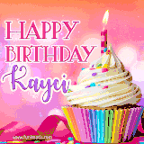 A vibrant birthday GIF featuring a rainbow-colored cupcake topped with white frosting, sprinkles, and a lit candle. The text reads 'Happy Birthday Kayci' in bold pink and violet letters with white outline.