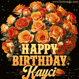 Animated bouquet of orange roses with moving butterfles and golden 'Happy Birthday Kayci' text, surrounded by sparkling accents and a dark backdrop for a luxurious feel.