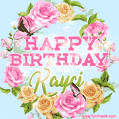 A charming animated GIF featuring 'Happy Birthday Kayci' in pink and green text, surrounded by delicate roses, leaves, and fluttering butterflies on a soft light blue pastel background.
