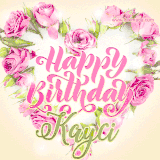 A stunning heart made of pink roses surrounds the elegant script text 'Happy Birthday Kayci' on a soft beige background. Animated sparkles add a magical and festive feel.
