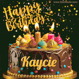 A delightful chocolate birthday cake with bright candles and 'Happy Birthday Kaycie' written in gold amidst a shower of animated stars.