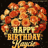 Animated bouquet of orange roses with moving butterfles and golden 'Happy Birthday Kaycie' text, surrounded by sparkling accents and a dark backdrop for a luxurious feel.