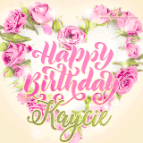 A stunning heart made of pink roses surrounds the elegant script text 'Happy Birthday Kaycie' on a soft beige background. Animated sparkles add a magical and festive feel.