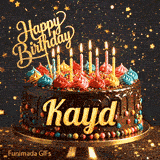 Close-up of multicolored whipped cream peaks on a chocolate cake with lit candles and a golden script topper for Kayd