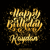 Animated GIF with colorful, festive 'Happy Birthday Kaydan' text decorated with patterns, a party hat, and falling confetti. A vibrant and cheerful design for birthday celebrations.