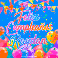 A vibrant animated GIF with 'Feliz Cumpleaños Kaydan' written in colorful script, surrounded by balloons, confetti, and bunting on a bright blue background.