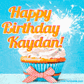 A cheerful animated GIF of a cupcake with creamy frosting, a red checkered ribbon, and a bright sparkler on top. The text 'Happy Birthday Kaydan!' is displayed in vibrant orange and red.
