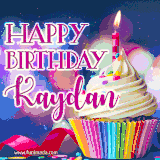 A festive animated GIF featuring a colorful cupcake with a single lit candle, sprinkles, and 'Happy Birthday Kaydan' text against a sparkling, celebratory background.