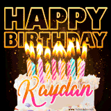 A vibrant animated GIF featuring a delicious birthday cake topped with glowing candles and the name 'Kaydan' in elegant script, and the words 'Happy Birthday' on the black background.