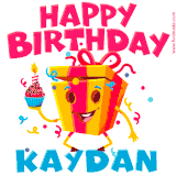 A funny animated birthday GIF with the words 'Happy Birthday Kaydana', colorful gift box with arms and legs, holding a cupcake with a lit candle  with confetti everywhere.