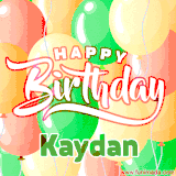 Animated GIF featuring colorful balloons in the background with the cheerful text 'Happy Birthday Kaydan'.