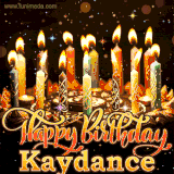 A glowing personalized birthday GIF with name Kaydance featuring lit candles with intricate designs, warm lighting, and the text 'Happy Birthday' in an elegant font.