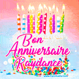 A white birthday cake covered in colorful sprinkles, topped with bright candles, and French text 'Bon Anniversaire Kaydance' on a pastel gradient background in an animated GIF.